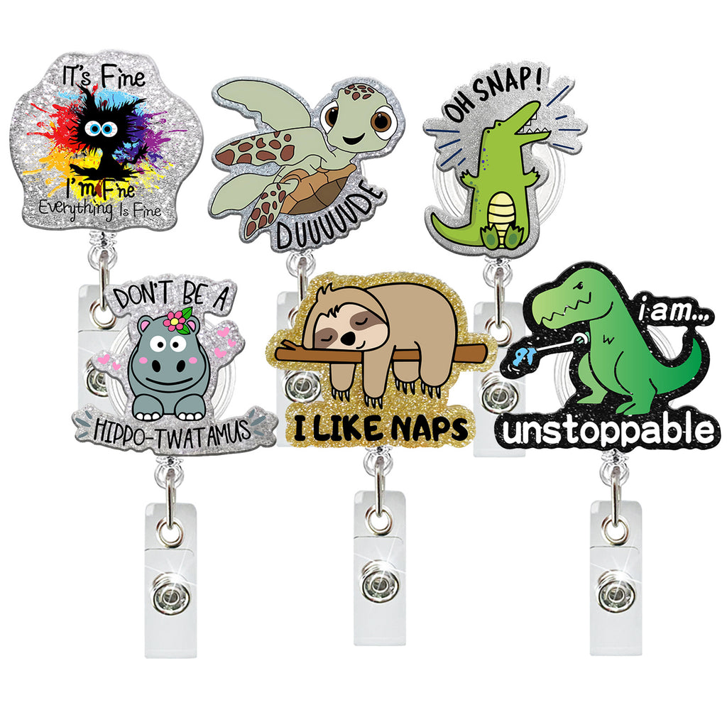 Acrylic Dinosaur Crocodile Hippo Sloth Turtle Badge Reel