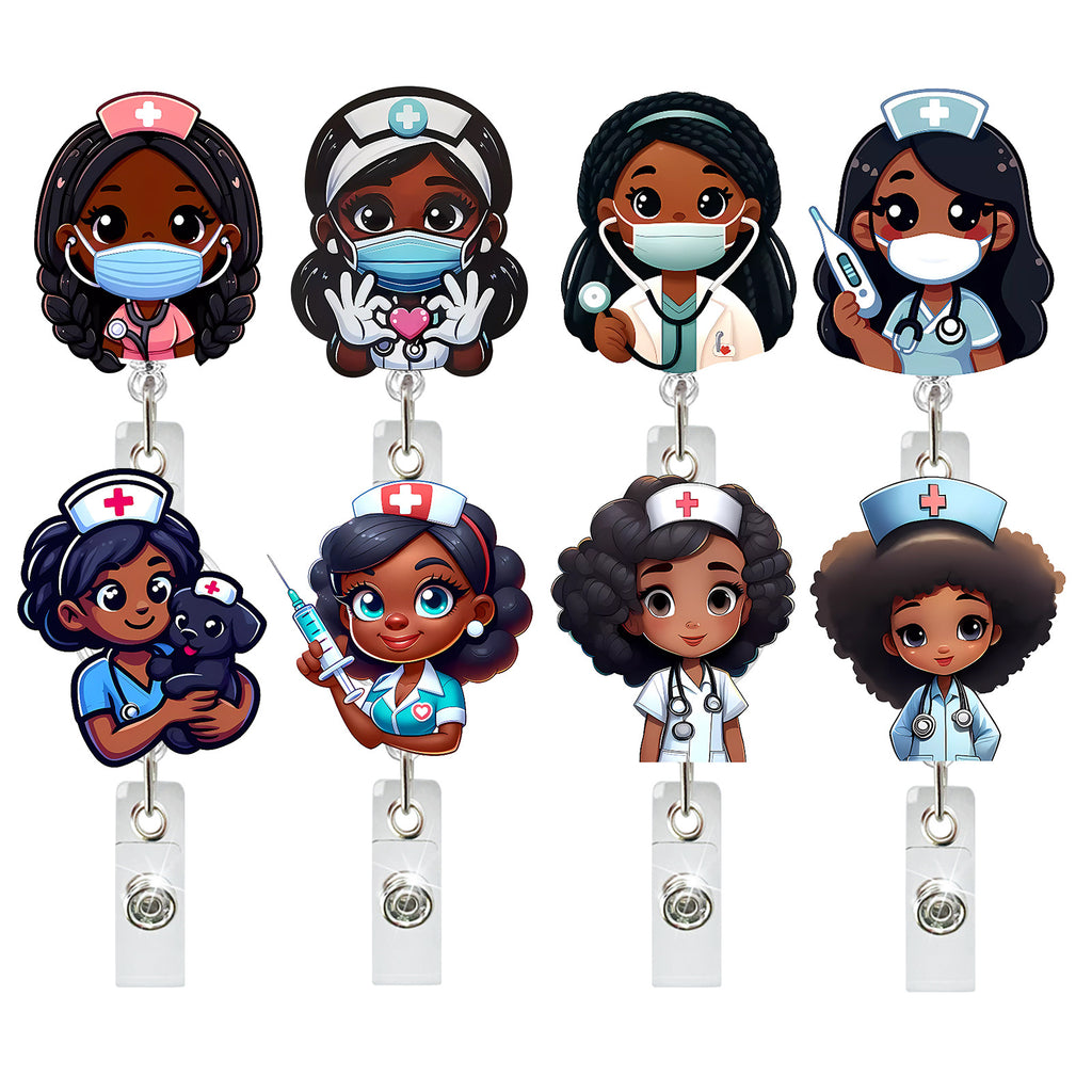 New Acrylic Black Skin Nurse Retractable Rotating Badge Scroll Medical Keychain Id Card Easy Pull Buckle Badge Reel