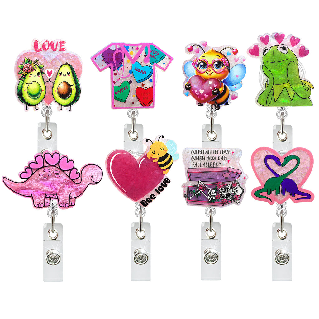 New Acrylic Valentine's Day Bee Dinosaur Frog Retractable Badge Scroll Easy To Pull Medical Couple Easy To Pull Buckle Badge Reel