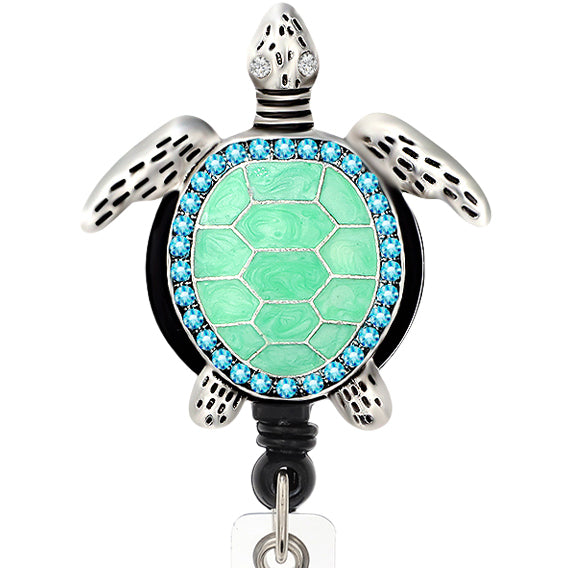 Aquamarine Enamel Sea Turtle Retractable ID Badge Reel,Name Card Holder,ID Badge Reel for Nurse