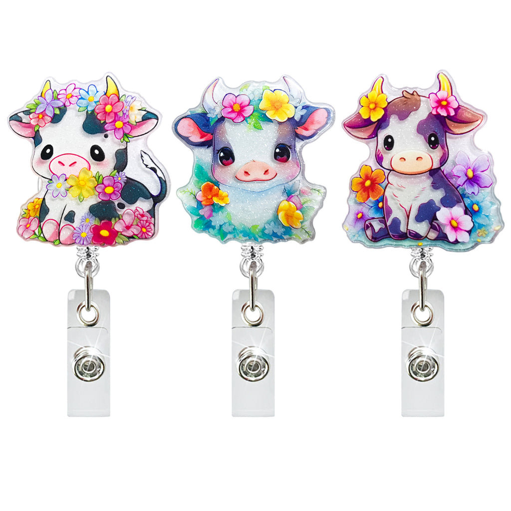 Acrylic Badge Reel Acrylic Cow Animal Flower Rotating Id Buckle Student Doctor Nurse Day Gift Telescopic Easy Pull Buckle