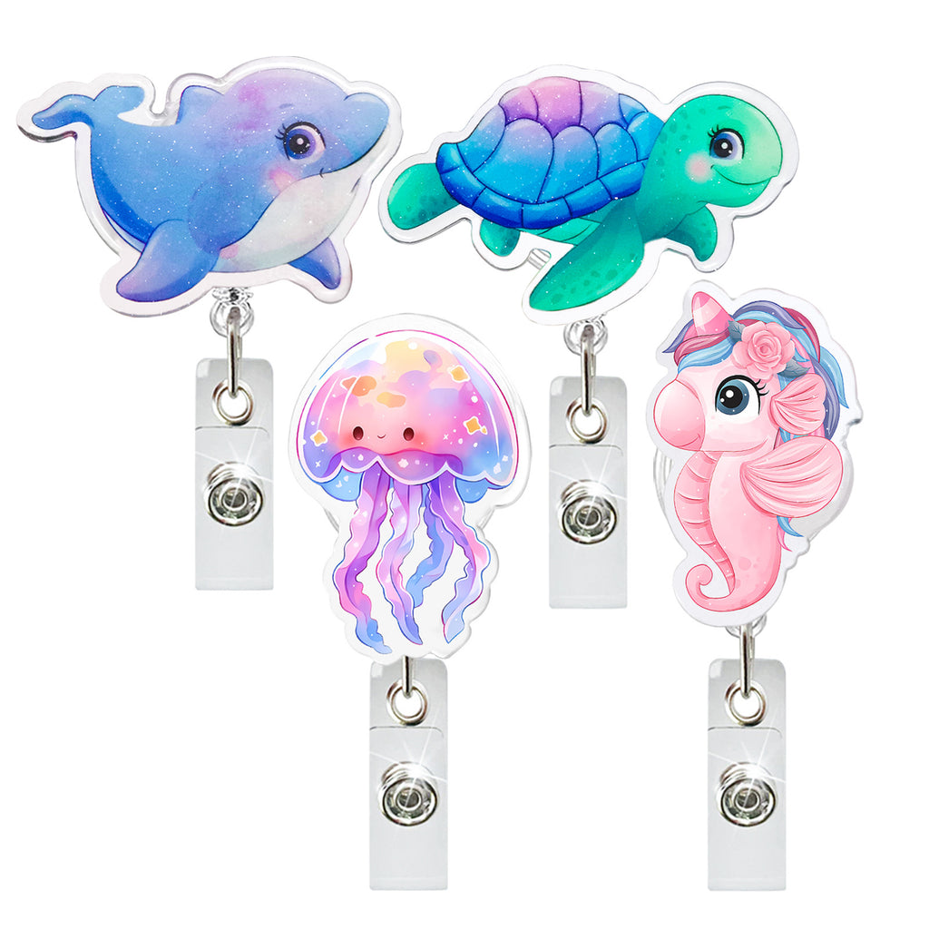 Acrylic Badge Reel New Summer Ocean Turtle Jellyfish Dolphin Cute Telescopic Clip Easy To Pull Id Buckle Rotating Medical Gift Scroll